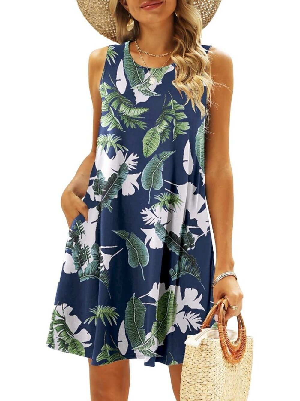 Women's Tropical Leaf Beach Floral Shirt Sundress Casual Pockets Boho Tank Dress